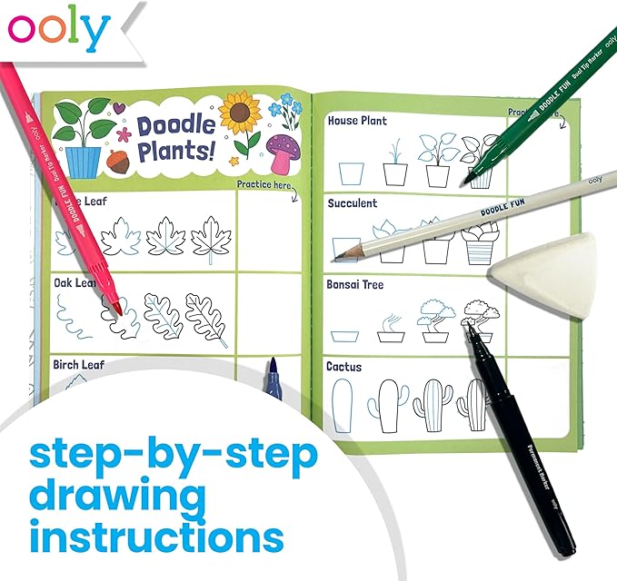 Ooly 17 PC Doodle Fun Draw & Color Activity Kit - Learn to Draw +260 Designs with 60 Page Instruction Book, Markers, Pencil & More- Great Screen-Free Entertainment