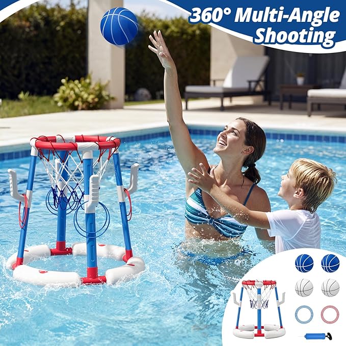 2 in 1 Pool Basketball Hoop with Backboard & Ring Toss Game, Floating Pool Toy - Anti-Tip Stable Base - with 4 Balls/8 Rings/Pump - Summer Water Indoor Outdoor Toy Gifts for Kids 4-8 & Adults, Red