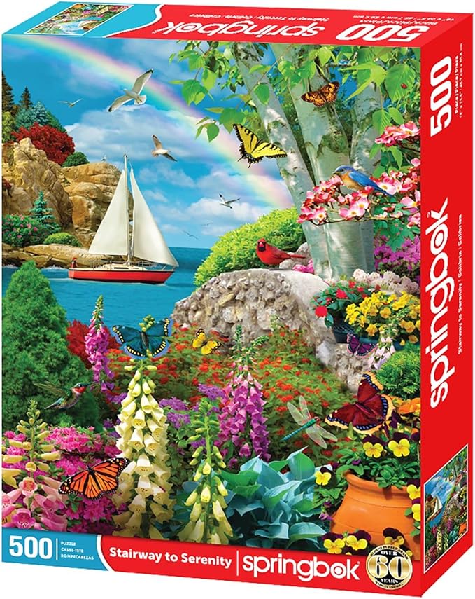 Springbok Stairway to Serenity 500 Piece Jigsaw Puzzle for Adults by Arist Alan Giana - Colorful Garden by The Ocean - Finished Size 23.5" x 18"