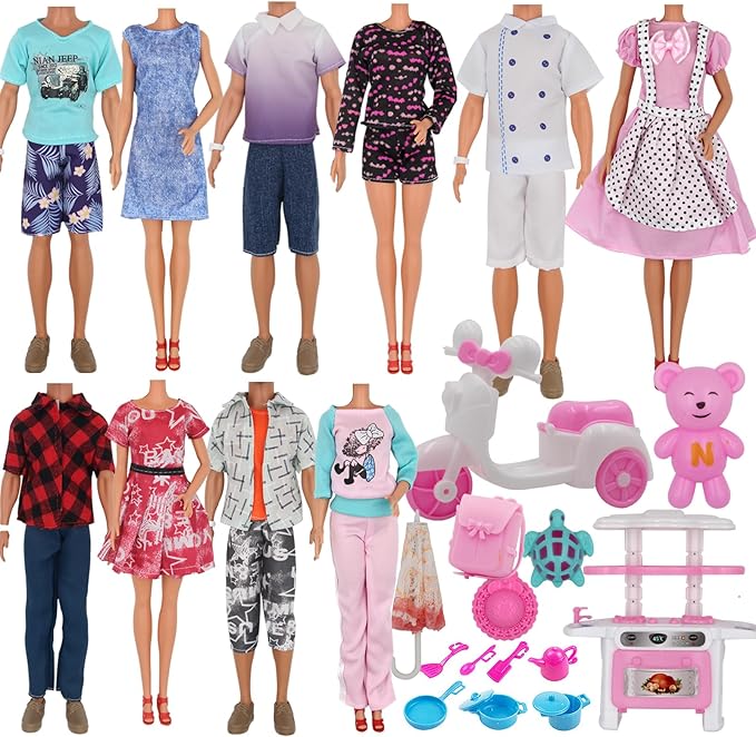 EuTengHao 34Pcs Doll Clothes and Accessories for 12 Inch Boy and Girl Dolls Chef Kitchen Playset Includes 18 Wear Clothes Stove Pots Motorcycle Bear Turtle Backpack Umbrella for 12 Inch Doll