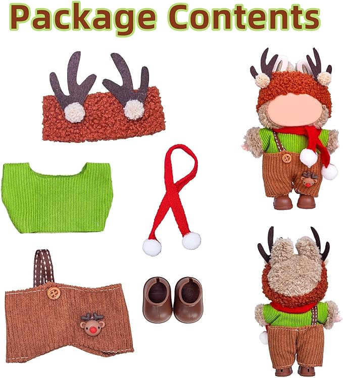 Clothes for Labubu 17cm Doll (NO Doll), 5 Piece Labubu Clothes Set, Cute Labubu Outfits with Accessories, Handmade Crochet La Bubu Doll Dress Up Set（Christmas Reindeer）