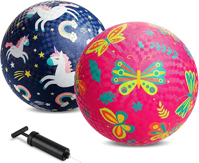 ZOOJOY Pack of 2 Cartoon Playground Balls, Balls for Toddler 3-12, 8.5" Rubber Ball Bouncy Kickball, Indoor & Outdoor Game Toys for Boys Girls with Pump