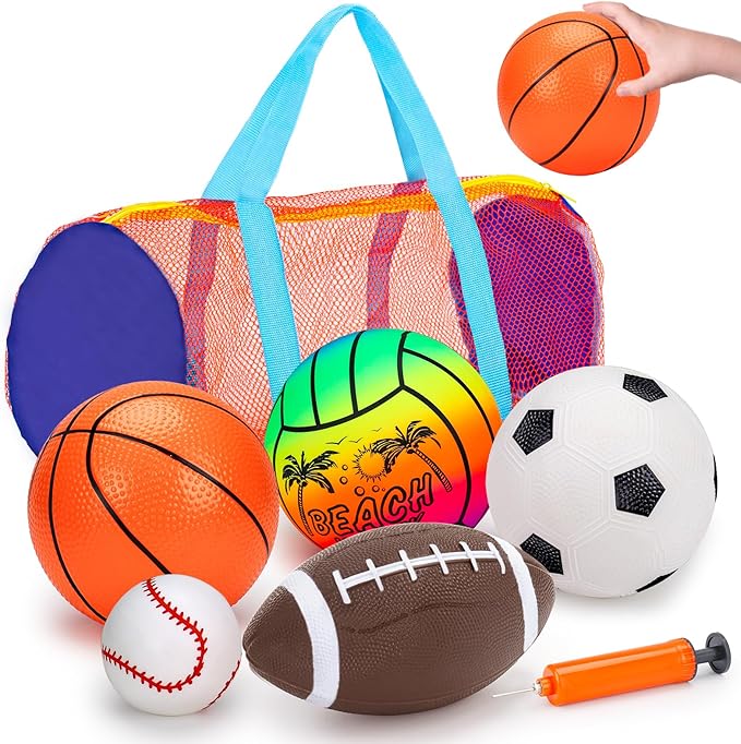 5 Pack Sports Balls for Toddlers 1-3 Outdoor Toys Football Soccer Basketball Baseball with Bag 1 2 3 Year Old Boy Toys Sport Bouncy Balls Outside Playground Toddler 1-3 2-4 3-5 Birthday Boys Gifts