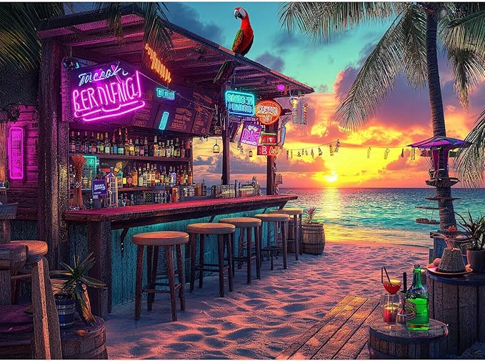500 Piece Beach Tiki Bar Jigsaw Puzzle for Adults, Summer Tropical Coastal Sunset Bar Puzzles for Adults 500 Pieces, Home Decor Birthday Party Gift for Men Women Elders, 20.5 x 15 in