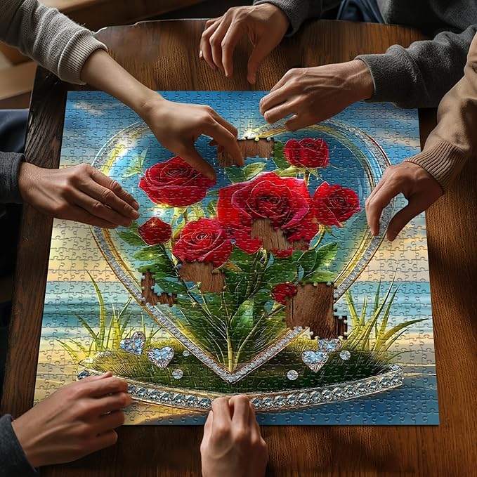 Heart Puzzles for Adults 1000 Pieces, Rose Flower Crystal Beach Romantic Valentine's Day Puzzle, Floral Love Puzzle Ocean Challenge Jigsaw Puzzle