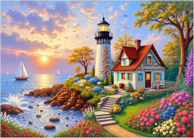 500 Piece Puzzles for Adults, Coastal Lighthouse & Cottage Jigsaw Puzzle with Letters on Back, Seaside Landscape for Game Nights & Home Decor, 20×15 Inch Cardboard