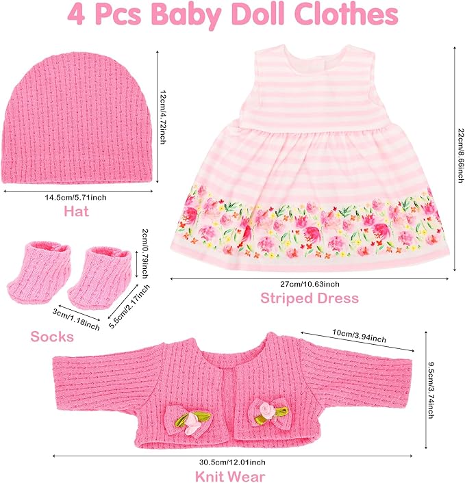 4 Sets Baby Doll Dress Knitted Hat Outfit Dolls Accessories with Baby Doll Socks for 14 Inch to 17 Inch Dolls (Pink and Flowers Style)
