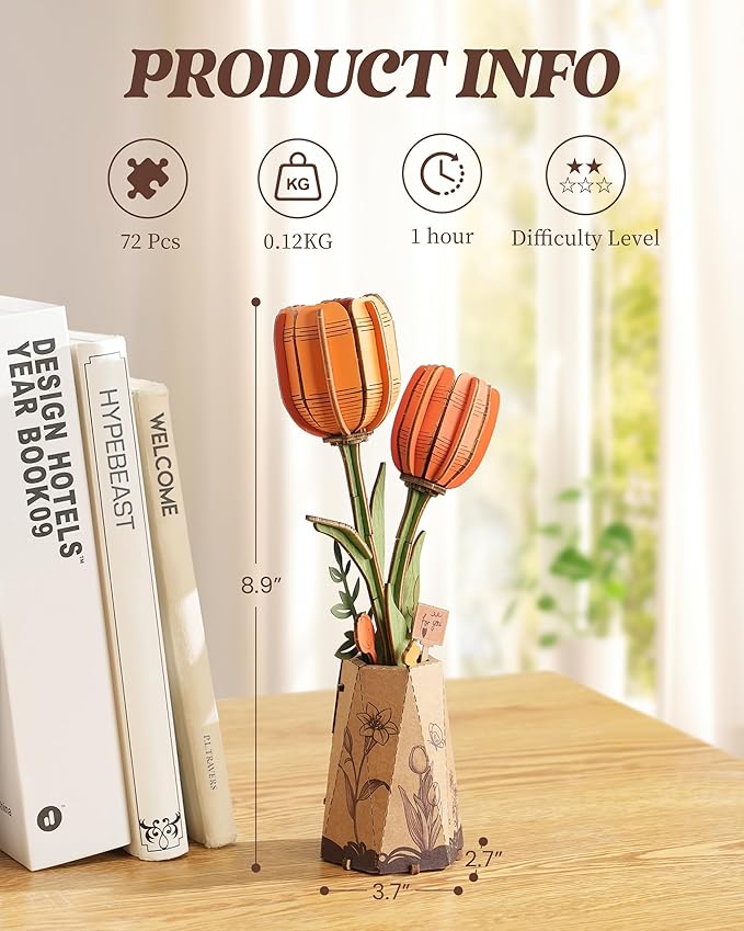 ROBOTIME 3D Puzzle Orange Tulip TW081, DIY Wooden Flower Craft, Artificial Flowers Model Kit to Assemble for Adults, Home Decoration and Valentine's Day Gift Set