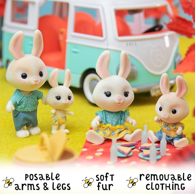 Honey Bee Acres The McScampers Rabbit Family, 4 Mini Flocked Doll Play Figures, Bunny Collectibles, Pretend Play Toys for Kids, Valentines, Easter Basket, Birthday Gift for Girls 3+