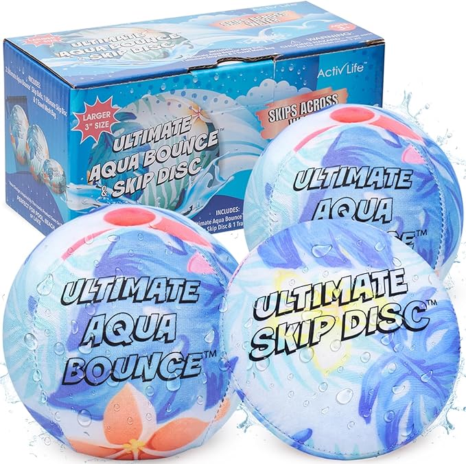 Activ Life Ultimate Skip Ball, Large 3" - 2 Water Skip Balls with 1 Skip Disc - Water Bouncing Ball Set for Beach, Pool & Lake Games - Fun Summer Toys for Kids, Teens, Adults & Families