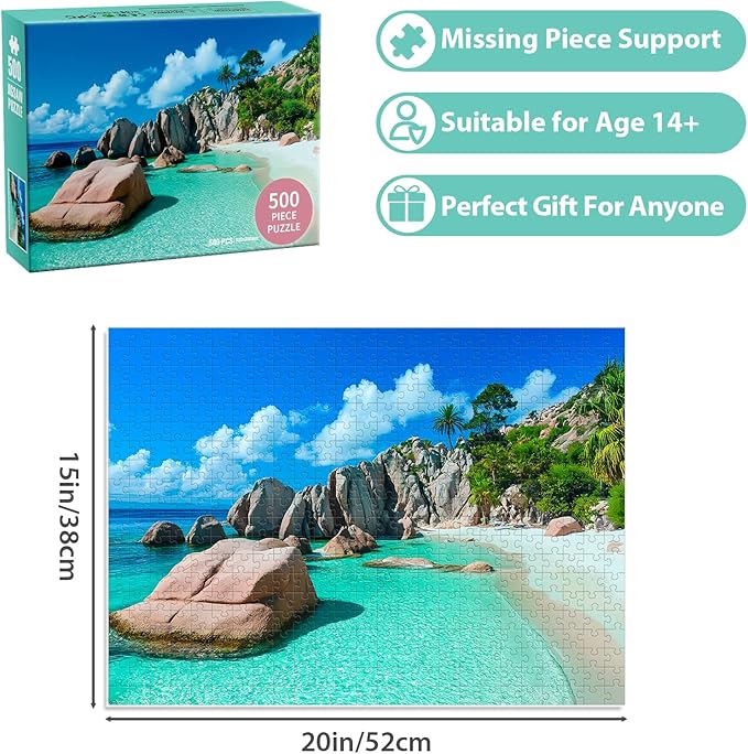 500 Piece Puzzles for Adults, Beach Jigsaw Puzzle for Adult Seniors, Recycled Cardboard Landscape Puzzle 500 Pieces, Challenging Puzzles Family Activity Game Nights Gift for Friends 20.5 * 15IN