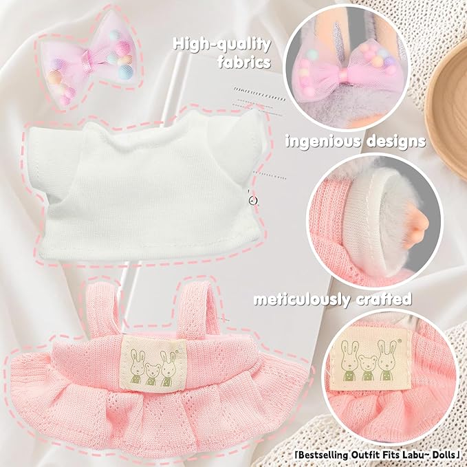 Doll Clothing for Labubu, Premium Outfits for Labubu Dressing up, Doll Accessories for Labubu with Shirt, Dress, Bow(Pink)