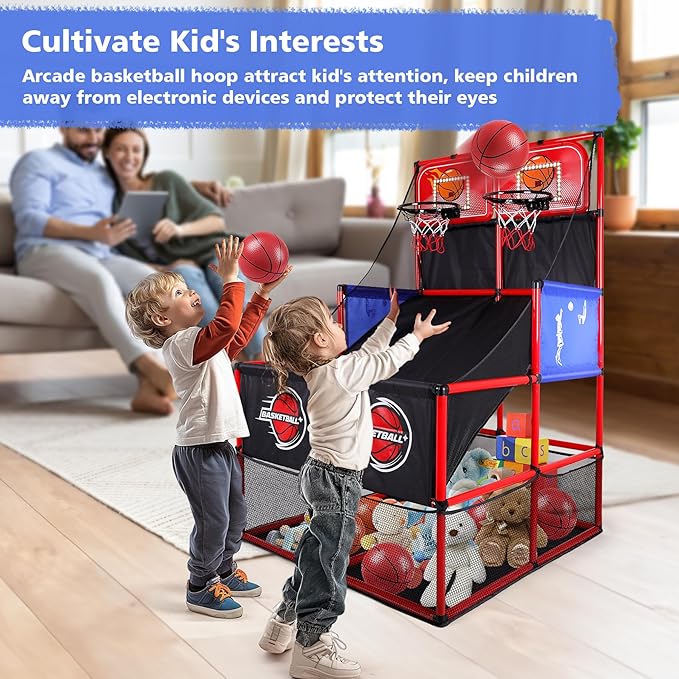 M SANMERSEN Kids Double Basketball Hoop Arcade Game Set with 6 Balls Electronic Scoreboard LED Light, Indoor & Outdoor Play, Birthday/Halloween for 3-8 Year Old Boy and Girl