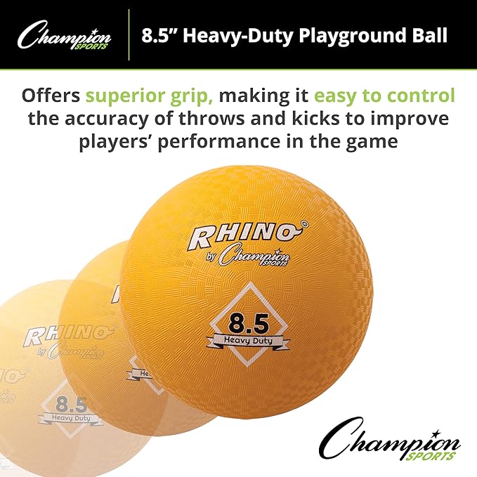Champion Sports Heavy-Duty Rhino Playground Ball 8.5"D - Two Ply, Nylon Wound, YELLOW ONLY