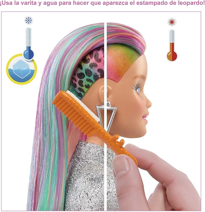 Barbie Doll Leopard Rainbow Hair with Color-Change Highlights & 16 Styling Accessories Including Clothes, Scrunchies, Brush & More