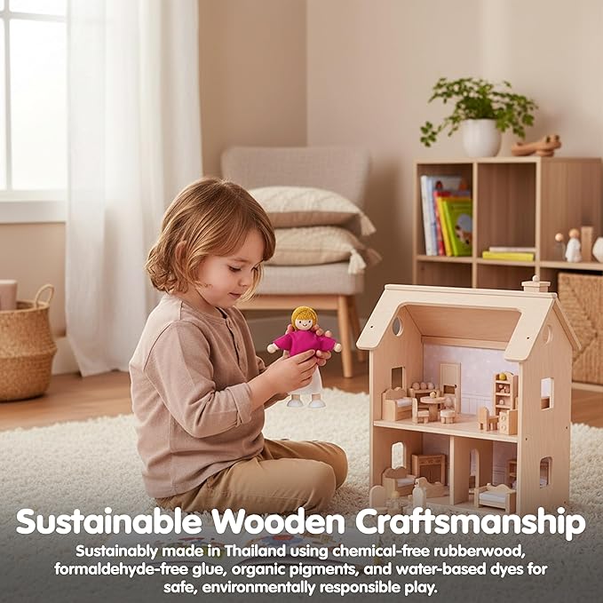 PlanToys® Mother Wooden Dollhouse Figurine | Poseable 1:12 Scale Mini Doll (5 Inch) | Dollhouse Accessories for Pretend Play | Eco-Friendly Montessori Toy for Kids Ages 3+