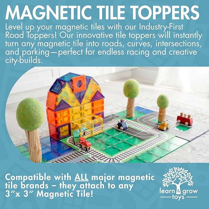 Learn & Grow Magnetic Tiles Road Expansion Pack - 40PCs Road Toppers Set for Cars, STEM Learning & Building Toy - Magnetic Tile Accessories for Kids 3+, Toddler - Add Car Roads to Any Magnet Tiles Set
