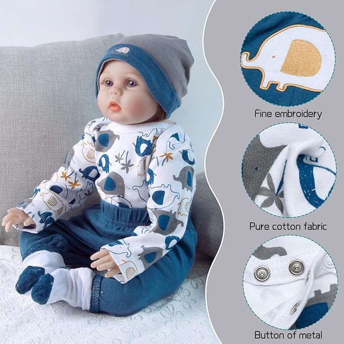 12 Pcs Reborn Baby Dolls Clothes Boy Outfit Accessories Elephant Theme Set for 17-22 Inch Reborn Dolls Newborn Boy with Elephant Backpack Diaper