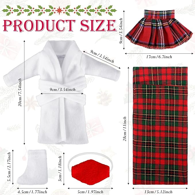 Sumind 14 Pieces Christmas Doll on Clothes Accessories Outfits Set Including Skirts, Bathrobe, Sleeping Bag, Fluffy Vest, Shirt, Scarf, Eye Cover and Boots for Xmas Doll Decor(Cute Style)