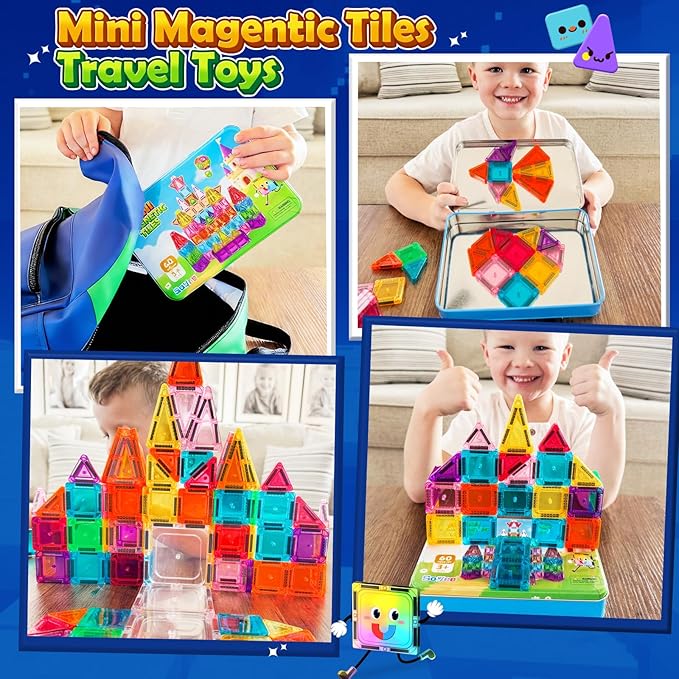 Soyee Easter Basket Stuffers for Toddler Kids Mini Magnetic Tiles 60PCS Toddler Kids Toys Travel Set with Metal Tin Case, Portable STEM Building Blocks Kids Toy for 3-12 Year Old Boys & Girls