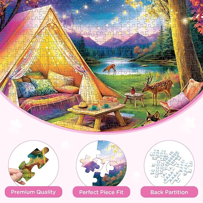 500 Piece Puzzle for Adults, Dreamy Forest Camping Puzzles for Adults Senior, Starry Sky, Lake and Cute Deer Jigsaw Puzzles, Challenging Perfect Game Nights for Family Friend 20.5 X 15 in