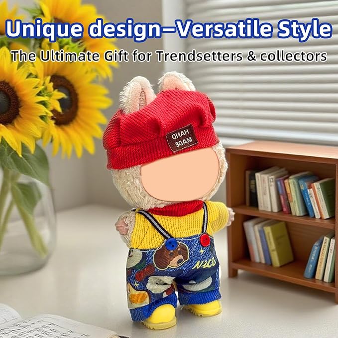 Clothes for Labubu 17cm Doll (NO Doll), 4 Piece Labubu Clothes Set, Cute Labubu Outfits with Accessories, Handmade Crochet La Bubu Doll Dress Up Set（Street Hip hop）