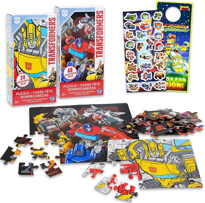 Transformers Jigsaw Puzzles for Boys - Bundle with 24 & 48 Piece Jigsaw Puzzles Featuring Optimus Prime, Megatron, Bumblebee Plus Stickers, More | Transformers Puzzle for Kids