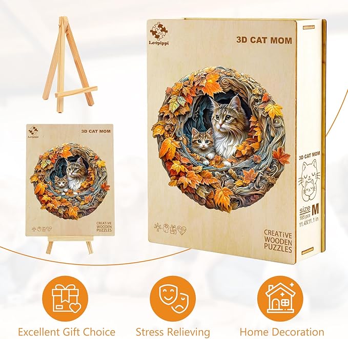 Wooden Puzzles for Adults, Mothers Day Puzzle-3D Cat Mom Wood Puzzles Adult, Unique Shaped Wooden Jigsaw Puzzle, Birthday Gifts for Friends/Family/Puzzle Lovers, Home Decor(L-13.4 * 13in 280pcs)
