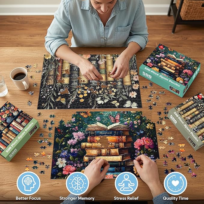 3 Pack Wildflower Puzzles for Adults 500 Pieces, Vintage Flower Book Puzzle, Recycled Cardboard Plant Jigsaw Puzzle for Book Lover, Floral Art Bookshelf Library Puzzles Challenging Gift for Seniors
