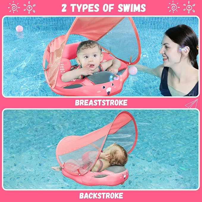 Mambobaby Baby Swim Float with Canopy Non-Inflatable Infant Pool Float with Tail 3-24 Months Avoid Flip Solid Skin-Friendly Material for Toddler Boys Girls
