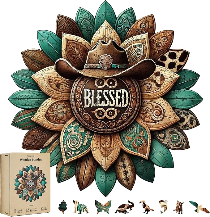200 Pieces Blessed Wooden Puzzles for Adults, Cowboy Hat Unique Shaped Wooden Jigsaw Puzzles for Adults, Irregular Adult Wood Puzzle Creative Gift with Exquisite Wooden Box