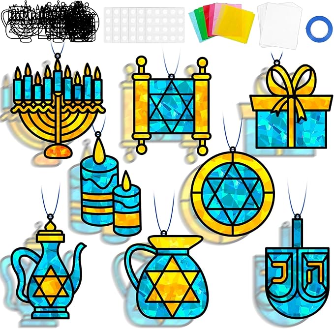 QOUBAI 32 Sets Hanukkah Suncatchers Craft Kit DIY Window Stained Glass Effect Chanukkah Paper Crafts for Home School Classroom Decoration Kid Birthday Gift Creative Art Project Activity Game