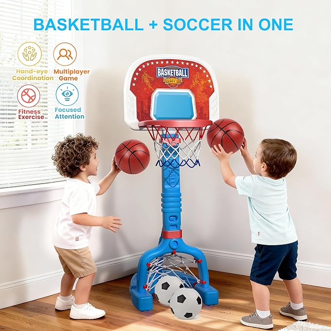 Toddler Basketball Hoop Indoor, Adjustable Kids Basketball Hoop and Soccer Goal for Ages 1-3 3-5, Portable Mini Basketball Hoop Set with 4 Balls for Boys Girls Child Indoor Outdoor Poolside