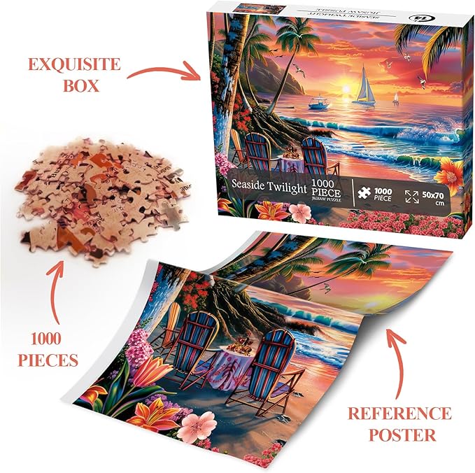 Summer Beach Ocean Puzzle 1000 Piece for Adults, Hawaii Nature Sunset Scenery Jigsaw Puzzle, Outdoor Camping Sailboat Puzzle