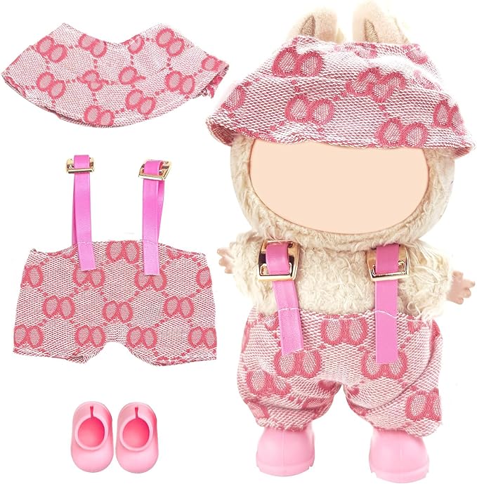 Clothes for Labubu 17cm Doll (NO Doll), 3 Piece Labubu Clothes Set, Cute Labubu Outfits with Accessories, Handmade Crochet La Bubu Doll Dress Up Set（Upstart Set）