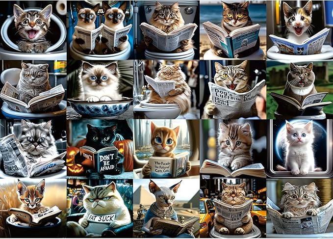 MINIWAN Funny Cats Reading On Toilet Puzzles for Adults 1000 Pieces, Humorous Whimsical Reading Cats Jigsaw Puzzle, Gift for Cat Lovers 27.55 x 19.7 Inch