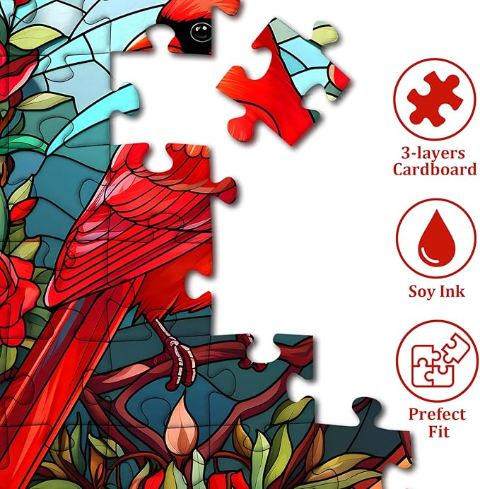 Stained Glass Puzzle Bird Puzzles for Adults 1000 Pieces, Round Cardinal Bird Flower Puzzle, Impossible Hard Challenging Puzzles for Adults, Colorful Stained Glass Jigsaw Puzzle as Wall Art Decor