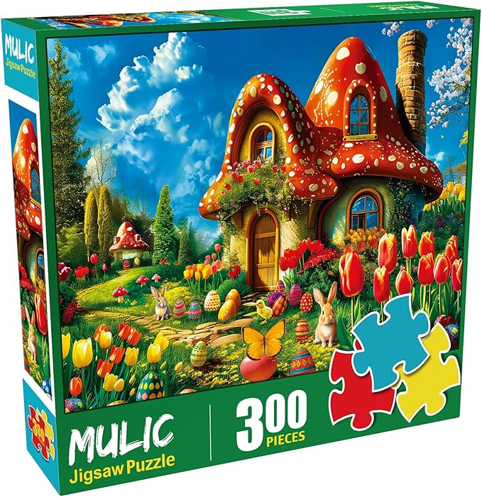 300 Piece Puzzles for Adults Kids - Easter Puzzles - Mushroom House Easter