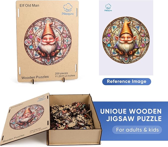 Pikoqunc Gnome Wooden Puzzles for Adults – 200 Piece Round Wood Jigsaw with Unique Shapes, Christmas Holiday Art Puzzle, Premium Gift with Storage Box for Relaxation & Home Décor 11.2x11.2 in