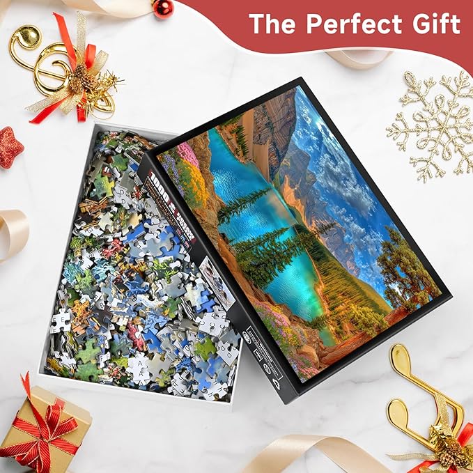 Turquoise Mountain Lake 1000 Piece Puzzle for Adults - Rocky Mountain Peaks & Forest Art, Poster & Lettered Back, 28"x20" HD, Gift for Nature & Landscape Lovers