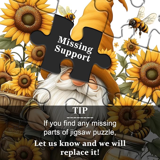 PICKFORU Sunflower Gnome Puzzle for Adults 1000 Pieces, Funny Garden Gnomes Honey Bee Jigsaw Puzzle, Floral Nature Themed Challenge for Adults Art