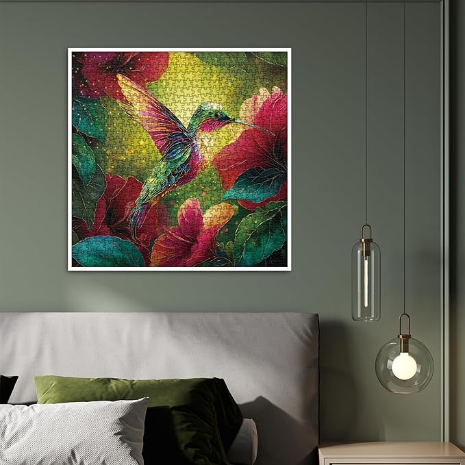 Stained Glass Hummingbird Puzzles for Adults 1000 Pieces, Magic Aesthetic Flower Bird Jigsaw Puzzles, Colorful Art Nature Plant Floral Hibiscus Puzzle