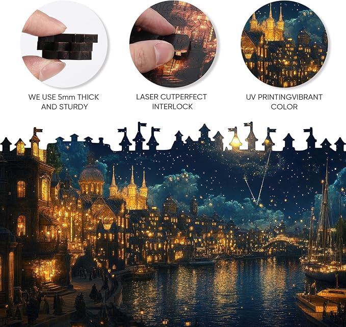 Jiroinlly Wooden Puzzles for Adults 300 Pieces, Brilliant Town, 5MM Thick Adult Jigsaw Puzzles, Unique Shaped Puzzle for Family and Friends, Home Wall Decor, Exquisite Packaging Gift, 8.5x15.1 in