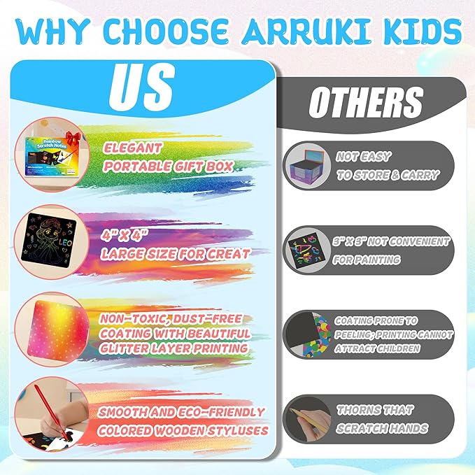 ArRuKi KIDS Scratch Art for Kid, Rainbow Scratch Paper Set with Styluses, School Art Supplies Toddler Travel Toys Birthday Party Gifts, for Boys Girls Ages 4-8 8-12
