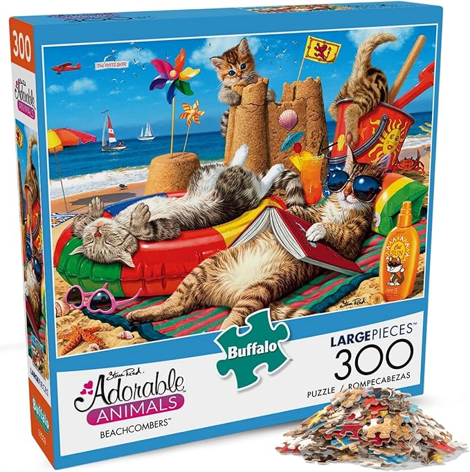 Buffalo Games - Beachcombers - Steve Read - 300 Piece Large Piece Jigsaw Puzzle for Adults - Playful Cat Beach Scene Puzzle with Oversized Pieces - Bonus Diagram Included - Finished Size 21.25 x 15.00