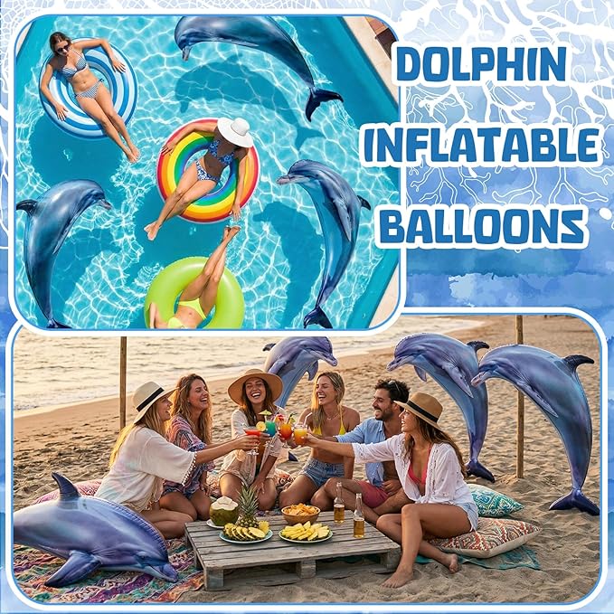 Leyndo 6 Pcs 23.6 Inch Summer Inflatable Dolphin Pool Balloons Large Inflatable Dolphin Pool Birthday Party Decorations Animal Float Ornament for Birthday Party Favors Supplies Gift