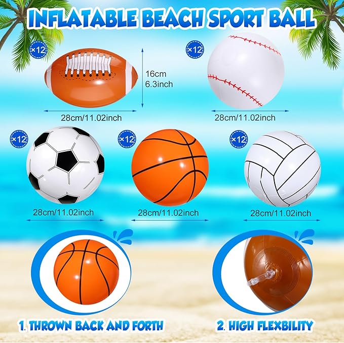 Sosation 16 Inch Inflatable Sport Balls 5 Styles Sport Beach Balls Swimming Pool PVC Ball Bulk Blow up Sports Party Decorations for Family Outdoor Beach Pool Water Sports(60 Pieces)