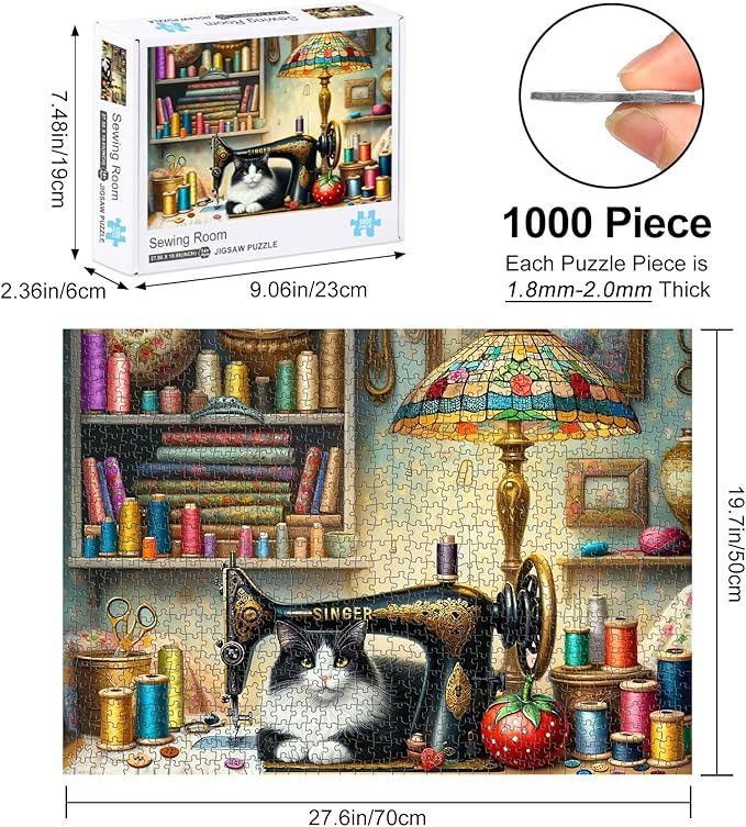 Rocorose 1000 Piece Puzzle for Adults, Sewing Room Cat Jigsaw Puzzle, Challenging Animal Puzzles Game for Family Puzzle Lovers