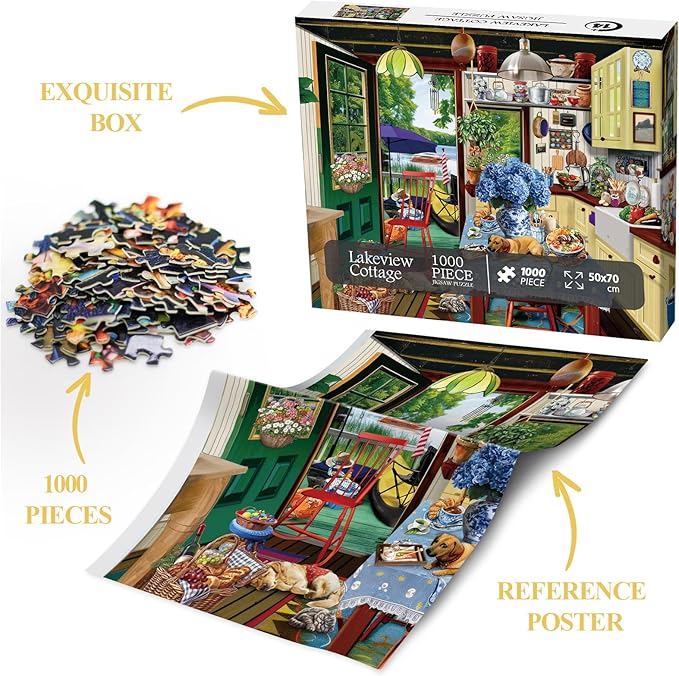 Cozy Lake Cottage Puzzle 1000 Pieces for Adults, Vintage Kitchen Cabin Jigasw Puzzles Scenic, Food Flower Plant Puzzle as Home Decor