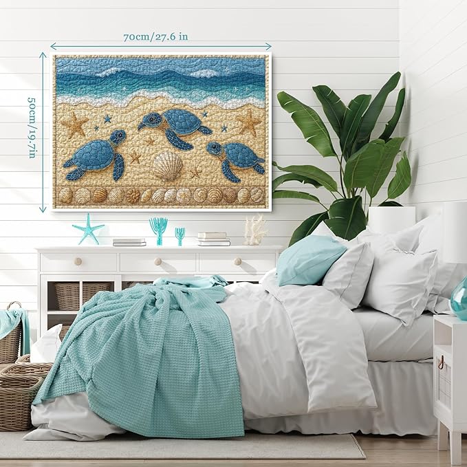Sea Turtle Beach Puzzle for Adults 1000 Pieces, Quilt Sewing Art Jigsaw Puzzle, Ocean Seashell Starfish Puzzle